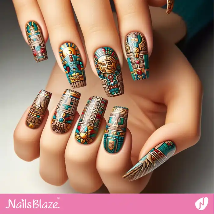 Sun Inspired Aztec Nail Design | Tribal Nails - NB2349